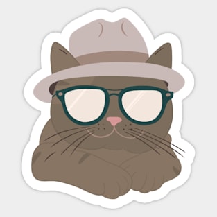 Chic Tabby: Minimalist Cat Art with Grey Hat & Sunglasses Sticker